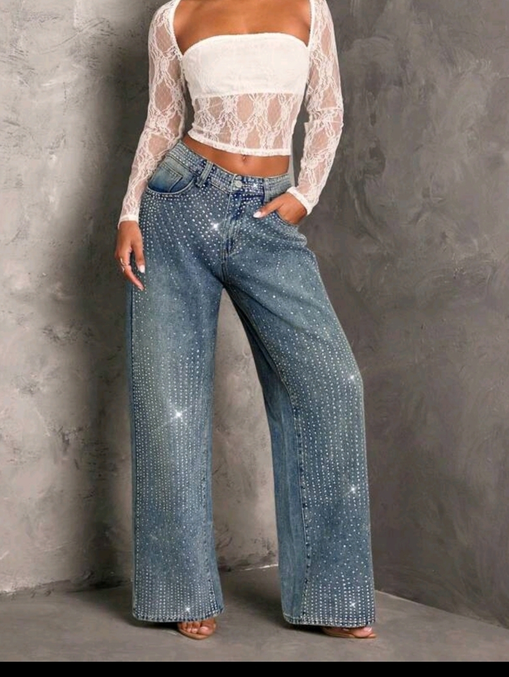 Rhinestone Embellished Wide-Leg Jeans - Blue - Picture 4 of 5